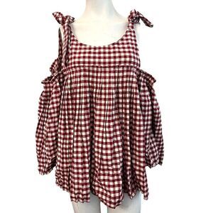 NWT Doe & Rae Small Red White Checked Cold Shoulder Top Bell Sleeves Smock NWT
